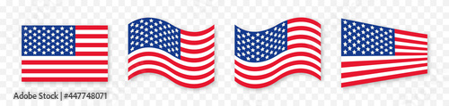 USA flag signs vector set. United States of America flags icons illustration. Realistic american patriot flag symbols. Blue, red white colors. Vector illustration.
