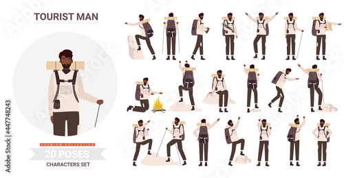 African american black man tourist traveler adventure poses vector illustration set. Cartoon bearded young male hiker character backpack posing tourism activity, traveling, hiking climbing isolated photo