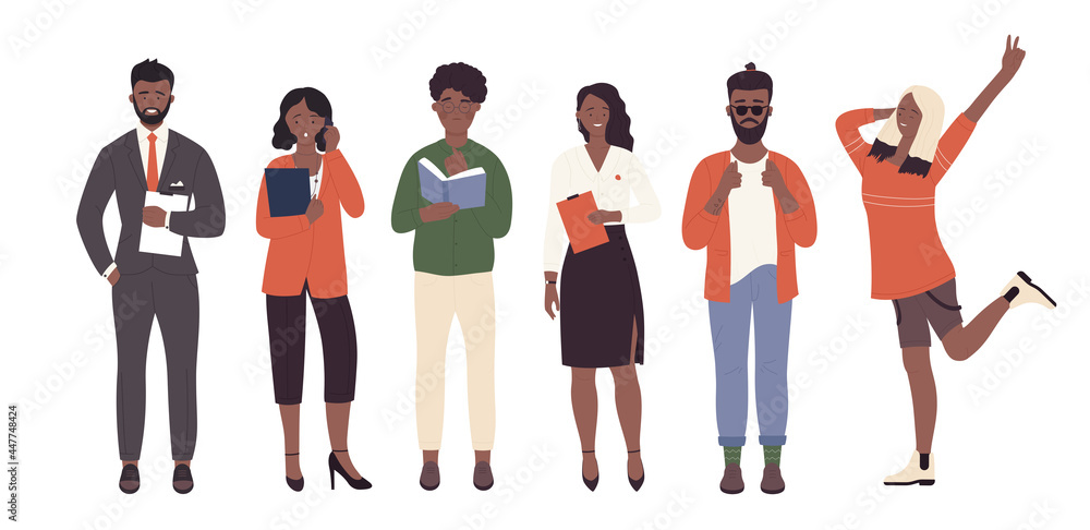 Obraz premium African american people standing in row vector illustration set. Cartoon young office worker characters, businesswoman in suit and business lady, boy student holding book, happy girl isolated on white