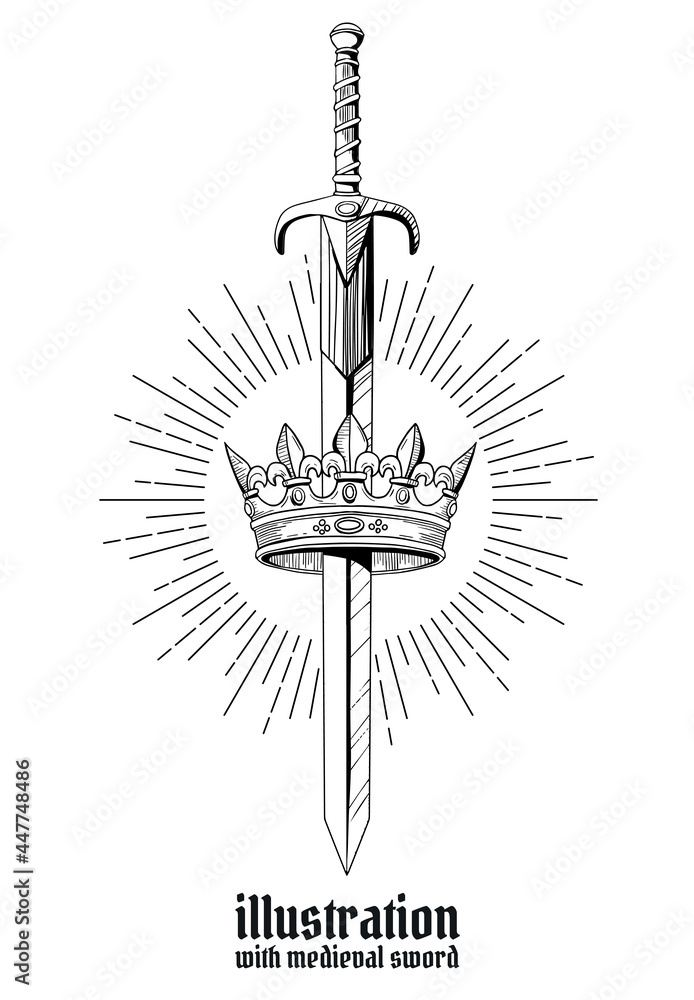medieval sword isolated on white background with crown Stock Vector ...