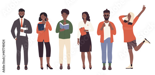 African american people standing in row vector illustration set. Cartoon young office worker characters, businesswoman in suit and business lady, boy student holding book, happy girl isolated on white