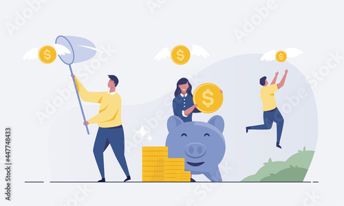 businessman trying to catch flying money A coin with wings flies over a piggy bank. money making concept vector illustration