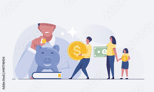 Families with children save money. Piggy bank with family money making concept. vector illustration