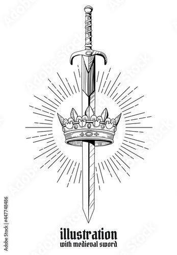 medieval sword isolated on white background with crown