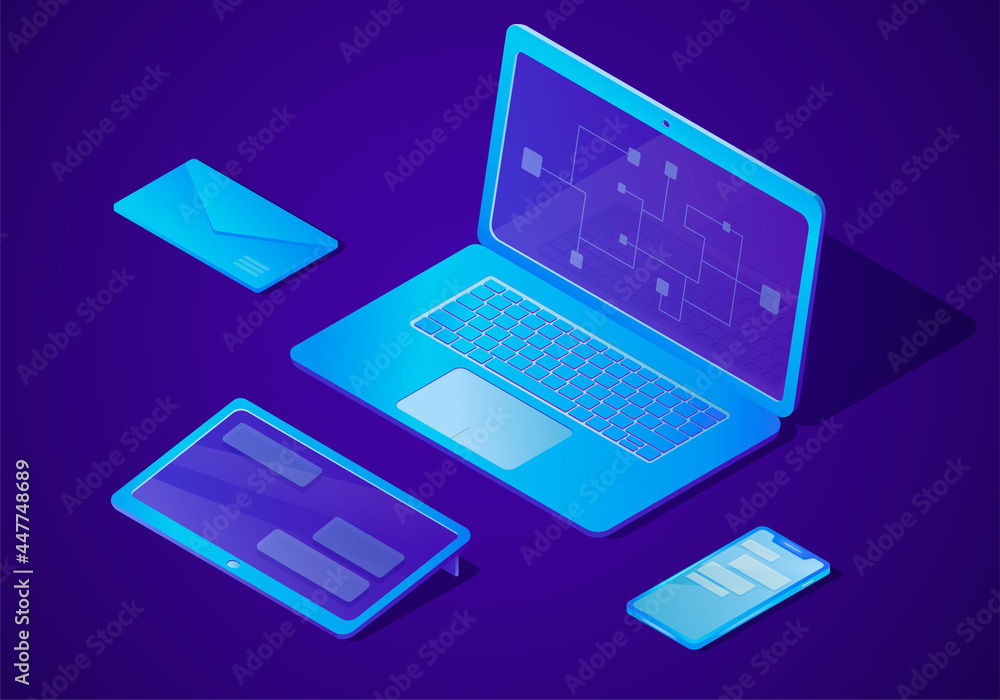 Set of vector trending electronic gadgets and devices. Office desktop with laptop, tablet, mobile phone or smartphone and envelope in digital isometric style. Set of vector trending electronic gadgets and devices. Office desktop with laptop, tablet, mobile phone or smartphone and envelope in digital isometric style.