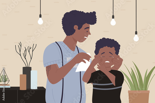 Father parent hugging crying boy kid, family support or parenting vector illustration. Cartoon young dad character wipes tears from depressed son child face, childhood parenthood problem background