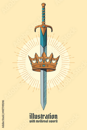 medieval colored sword  with crown