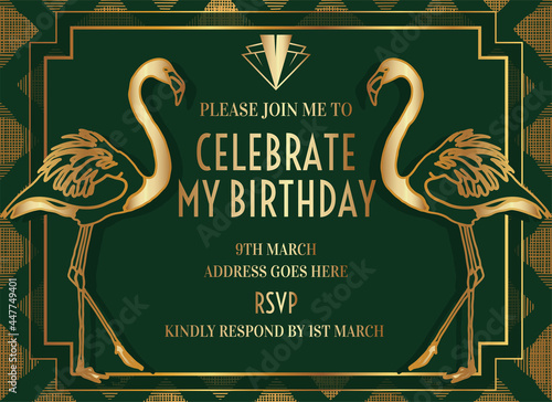 Vintage Art Deco Style Party Invitation Design with Flamingo
