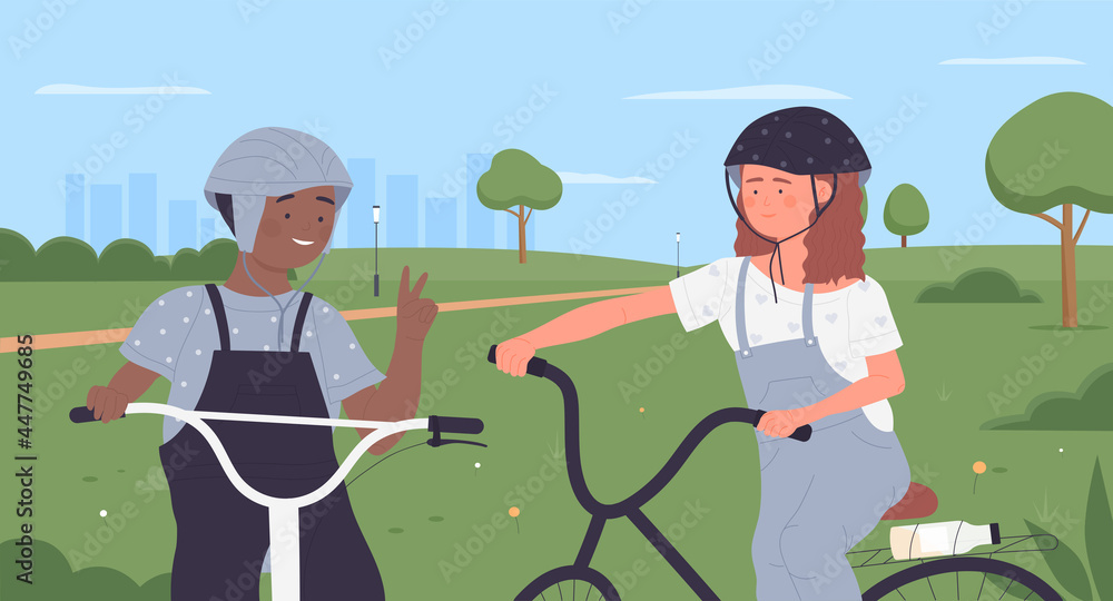 Happy children ride bikes in summer green park landscape, healthy sport lifestyle vector illustration. Cartoon girl boy child character in helmets riding bicycles, active kids have fun background