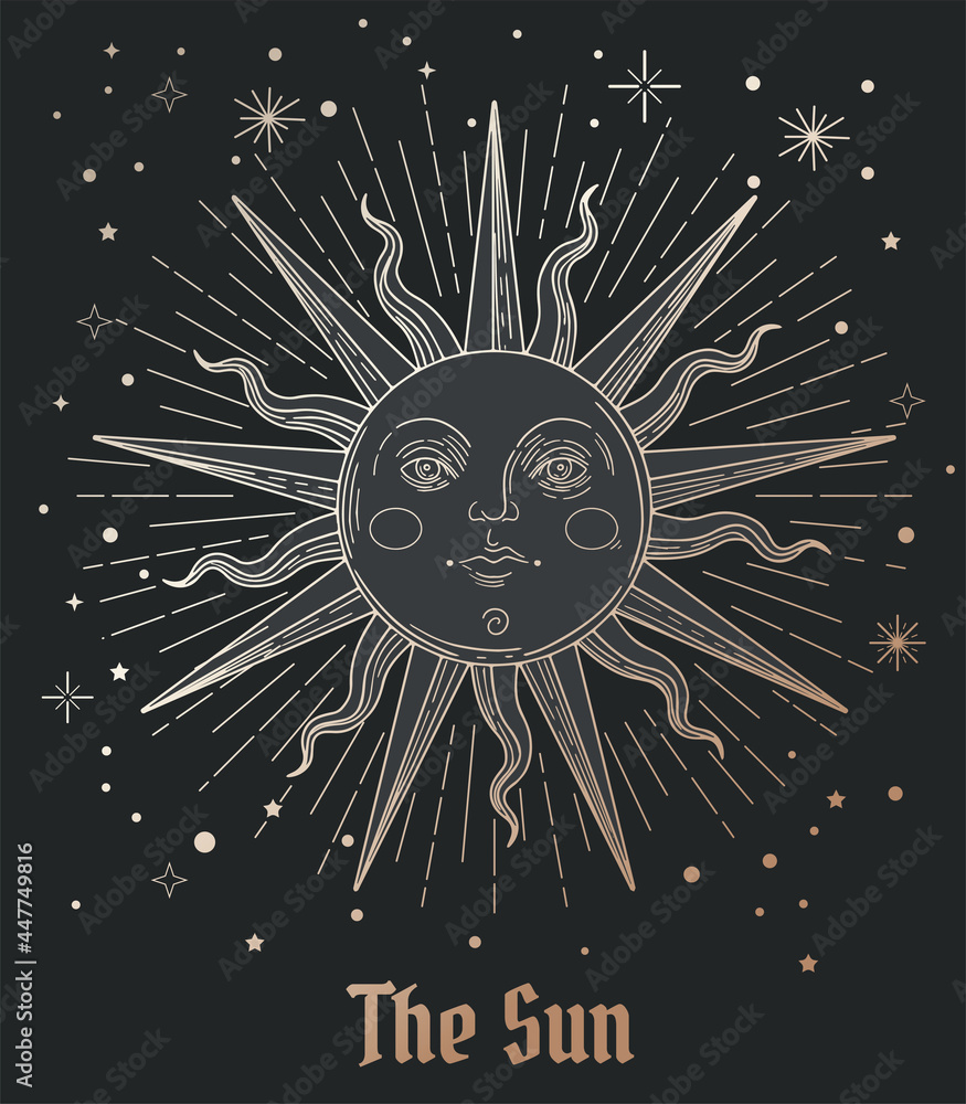 Fototapeta premium illustration in semi-medieval style with stylized sun and starts, black and gold