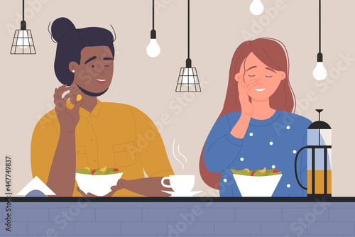 Happy couple people dating in cafe vector illustration. Cartoon man woman character making funny face on romantic date, sitting at table, laughing, eating meal in evening cafeteria interior background