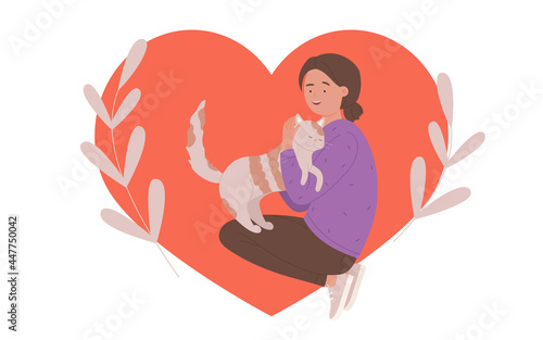 Girl hugs cuddles cute cat with love vector illustration. Cartoon young pretty woman character hugging funny kitten, pet owner and sweet animal inside red heart, scrapbook element isolated on white