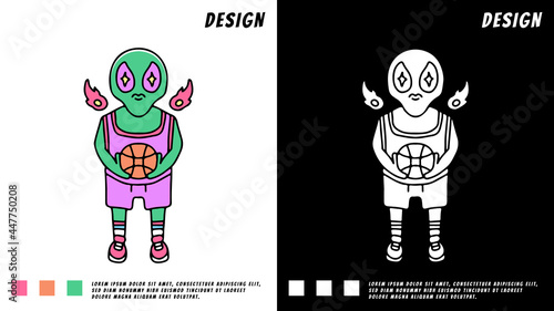 cool alien playing basketball, illustration for t-shirt, poster, sticker, or apparel merchandise. With cartoon style.
