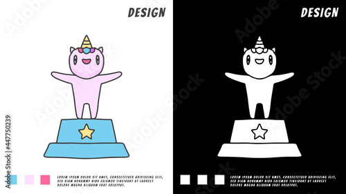 cute unicorn standing on podium, illustration for t-shirt, poster, sticker, or apparel merchandise. With cartoon style.