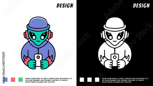 hype alien playing hand phone, illustration for t-shirt, poster, sticker, or apparel merchandise. With cartoon style.