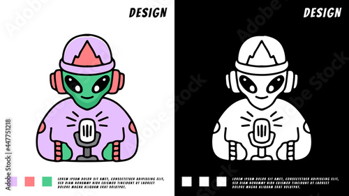 cute hype alien podcast, illustration for t-shirt, poster, sticker, or apparel merchandise. With cartoon style.