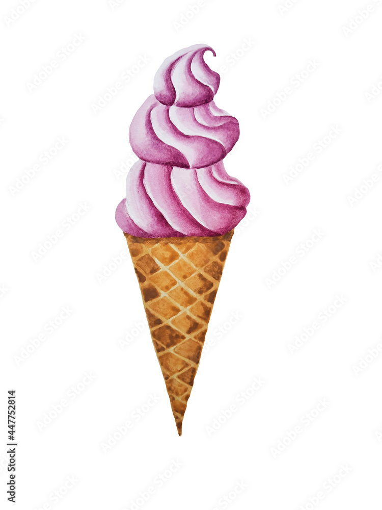 Three-layer ice cream in watercolor in a waffle cone, placed on a white background. The illustration is made by hand. Three-layer ice cream in watercolor in a waffle cone, placed on a white background. The illustration is made by hand.
