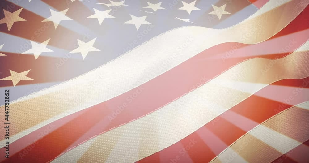 Animation of happy labour day text with red, white and blue stars over american flag Animation of happy labour day text with red, white and blue stars over american flag