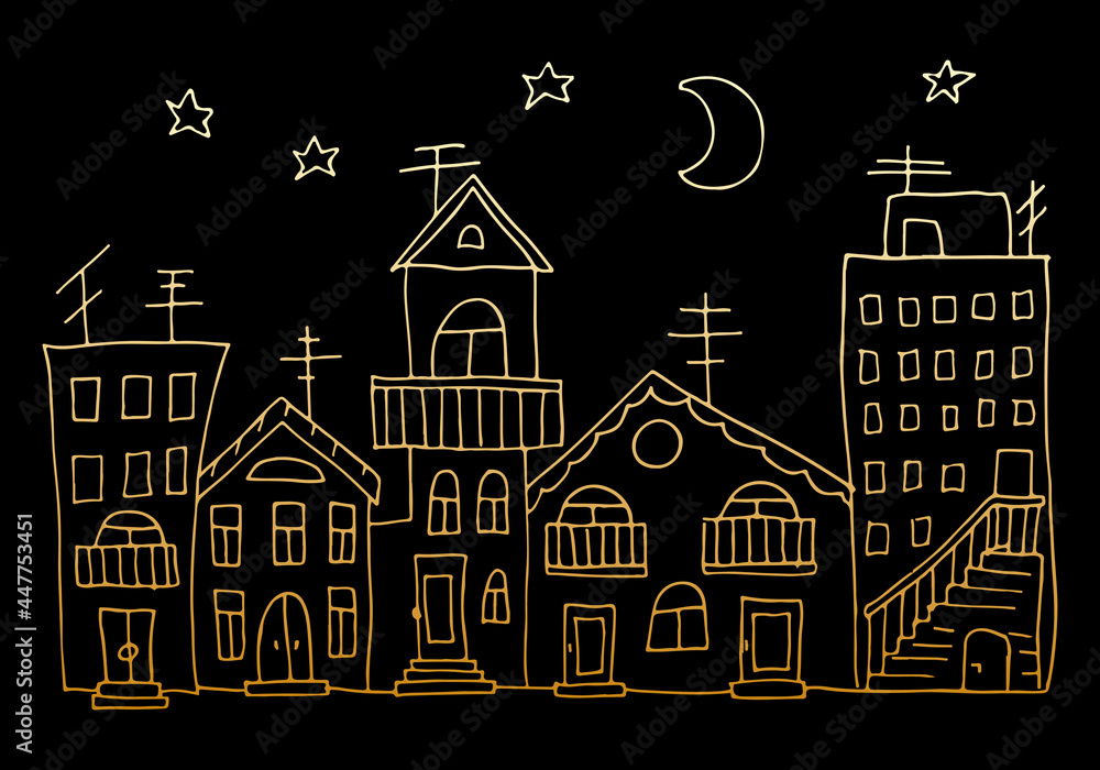 Vector illustration of a night town view with blocks of flats, moon and stars. Doodle drawn golden houses on black background for banner, poster, advertisement, real estate agency, design studio
