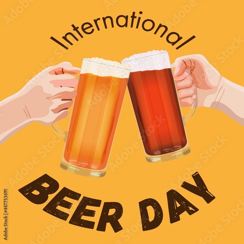 Square banner with two hands holding beer mugs on yellow background. Light and dark beer with foam. International Beer Day. Beer day. Alcoholic drinks. Template. Post. Vector illustration.