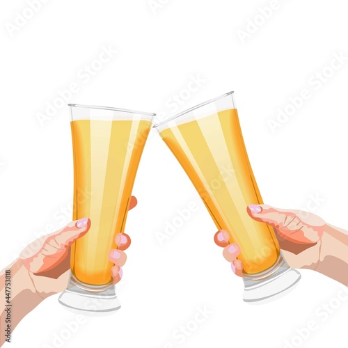 Two hands with pilsner glasses of beer for banners, flyers, posters, cards. Light beer with foam. International Beer Day. Beer day. Alcoholic drinks. Vector illustration isolated on white background.