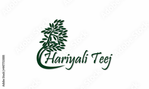 Vector Illustration of  Hariyali Teej Festival India. Swing on a clouds, rain on white background. paper cut style. photo