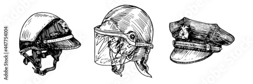 Police motorcycle helmet, tactical anti riot helmet, vintage US American police officer 8 point visor hat, gravure style ink drawing illustration isolated on white