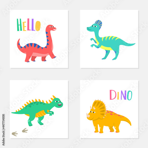 Fototapeta Naklejka Na Ścianę i Meble -  Set of colorful cards with cartoon dinosaurs.