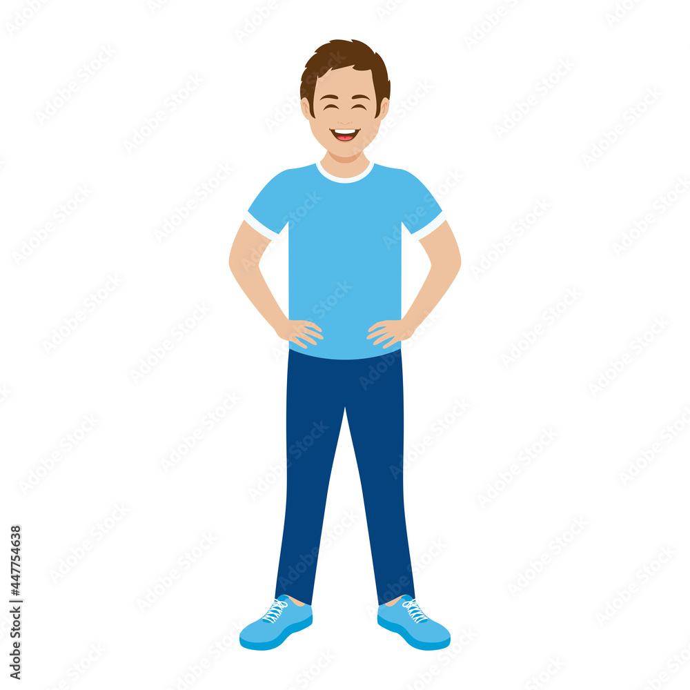 Smiling man in casual clothes vector. Laughing man in sportswear icon isolated on a white background. Funny boy in a blue shirt with hands on hips vector