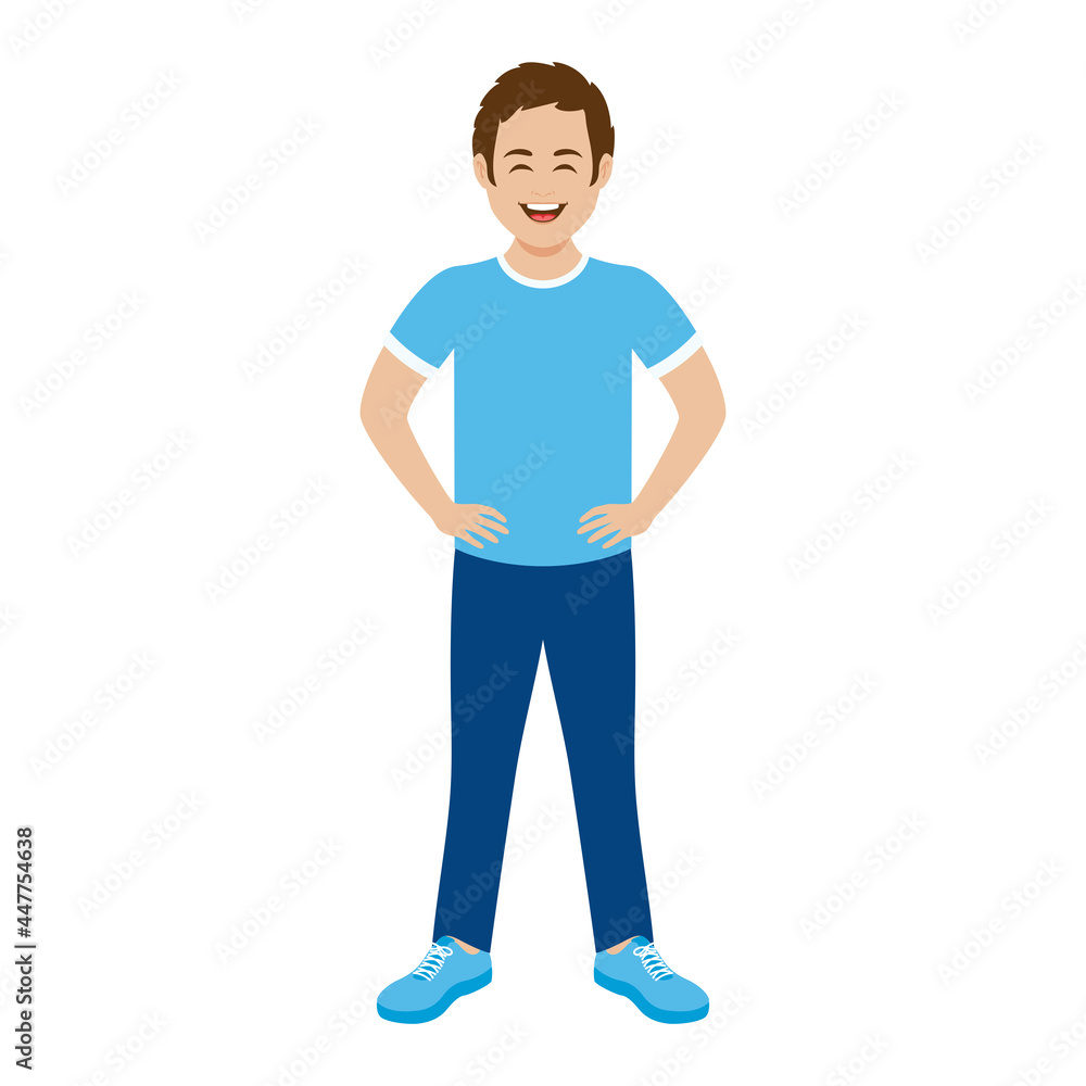 Smiling man in casual clothes vector. Laughing man in sportswear icon isolated on a white background. Funny boy in a blue shirt with hands on hips vector Smiling man in casual clothes vector. Laughing man in sportswear icon isolated on a white background. Funny boy in a blue shirt with hands on hips vector