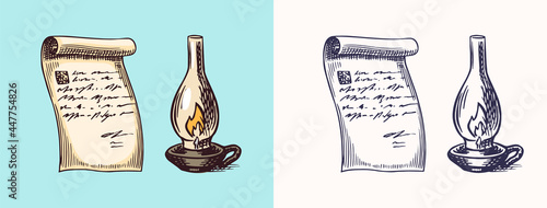 A hand-written letter Letter on paper and Kerosene or paraffin lamp in vintage engraved style. Message. Retro vector illustration for woodcut or woodblock or print. Hand drawn.