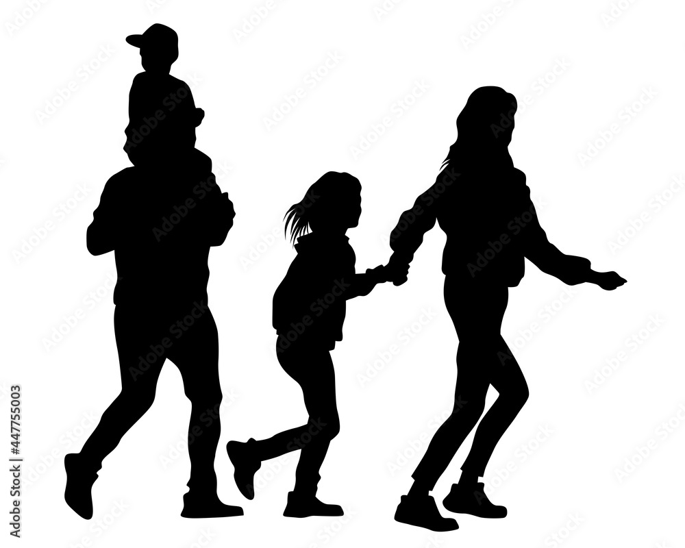 Obraz premium Families with little child walking on street. Isolated silhouettes of people on white background