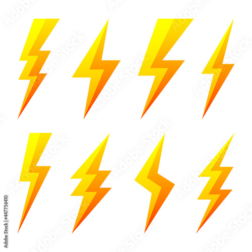 Yellow lightning bolt icons isolated on white background. Flash symbol, thunderbolt. Simple lightning strike sign. Vector illustration.