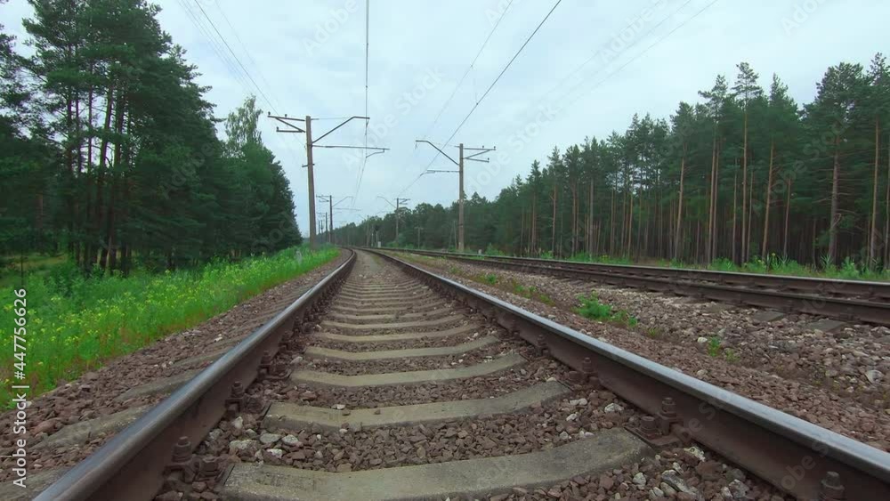 Moving Backward Along the Railroad Going Through the Pine Forest. European Railway for Electric Train - Smooth Movement on Gimbal Stabilizer Moving Backward Along the Railroad Going Through the Pine Forest. European Railway for Electric Train - Smooth Movement on Gimbal Stabilizer