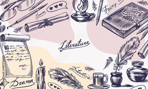Literature background. Ink and pen, typewriter, coffee and lamp, stack of books and teacher, School essay, Written work. Vintage retro poster or banner. Doodle style. Engraved Hand drawn sketch.