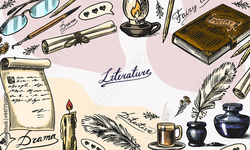 Literature background. Ink and pen, typewriter, coffee and lamp, stack of books and teacher, School essay, Written work. Vintage retro poster or banner. Doodle style. Engraved Hand drawn sketch.