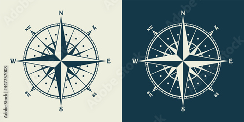 Vintage marine wind rose, nautical chart. Monochrome navigational compass with cardinal directions of North, East, South, West. Geographical position, cartography and navigation. Vector illustration. photo