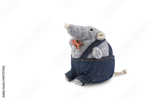 Canvas Print soft toy, plush mouse in denim shorts, isolate on a white background