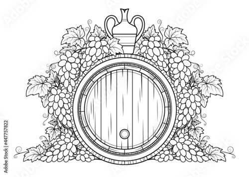 Wine barrel, flask, grapes and rod vintage etching style, Isolated on white background. Eps10 vector illustration.