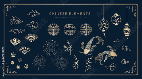 Cute hand drawn chinese style elements, lantern, fish, clouds, flowers, great for cards, invitation, decoration - vector design