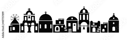 Santorini island, Greece. Traditional white architecture and Greek Orthodox churches with blue domes and a mill. Vector black and white silhouette.