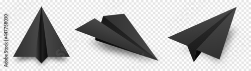 Realistic black handmade paper planes isolated on transparent background. Origami aircraft in flat style. Vector illustration.