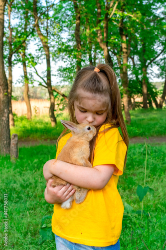 A little cute girl holds in her arms and kisses a red-haired rabbit against a background of green plants. Summer outdoor activities for children with pets. Girl playing with a real rabbit