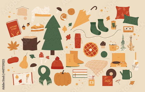 Autumn set. Cozy autumn vibes. Autumn trendy elements. Harvest festival and thanksgiving day concept. Vector illustration in cartoon style. Isolated on white background.
