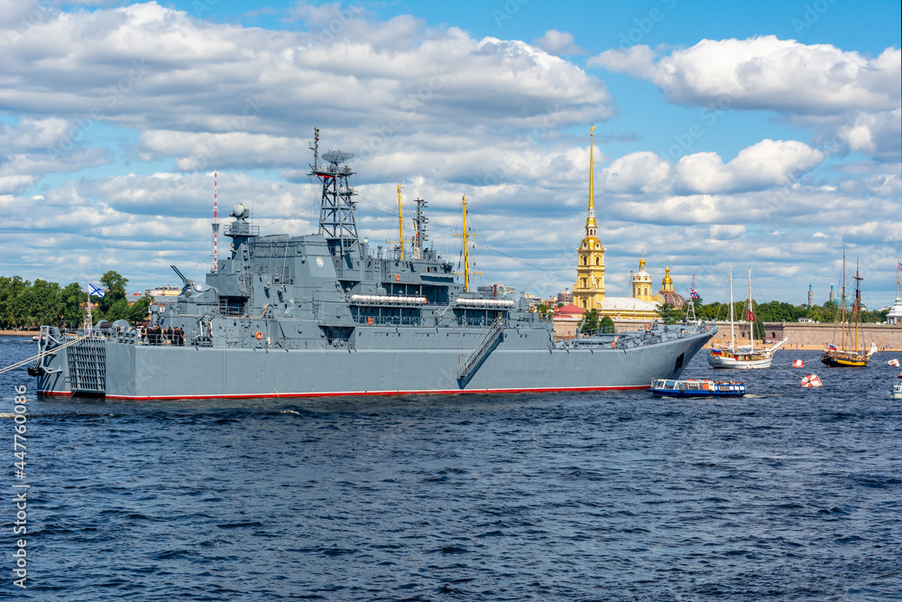 Battleship on Neva river during Day of Russian Navy, Saint Petersburg, Russia