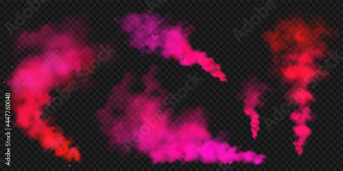 Realistic red colorful smoke clouds  mist effect. Colored fog on dark background. Vapor in air  steam flow. Vector illustration.