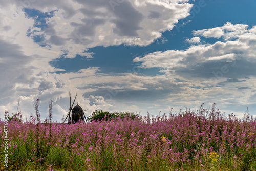 Photos View of dark wooden mill. Purple lilacs flowers in the foreground
