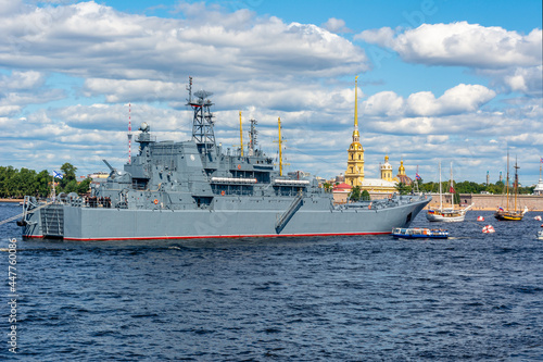 Battleship on Neva river during Day of Russian Navy  Saint Petersburg  Russia