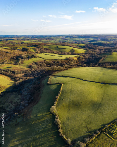 Aerial view of countryside, Agriculture, at sunrise, Bodmin Moor, Cardinham, Cornwall, UK. photo