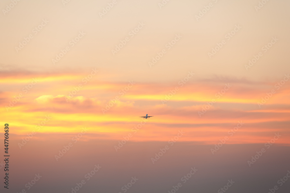 Fototapeta premium The airplane taking off on the sunset background